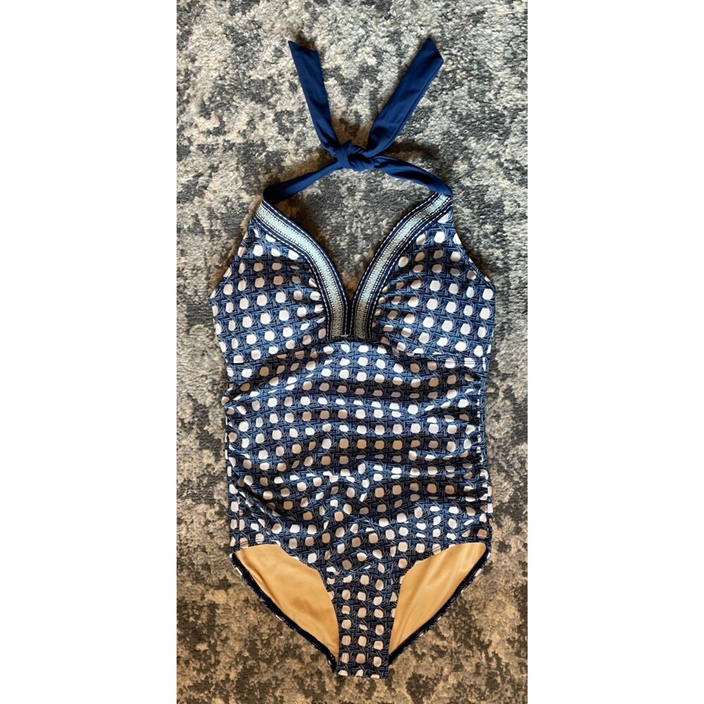 TALBOTS Cabana LIfe Womens SWIMSUIT One Piece BLUE White Padded Bra Size 14